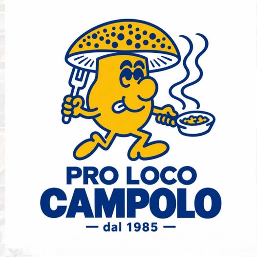 Nuovo logo della Pro Loco Campolo: un fungo sorridente con forchetta e padellino, scritta Pro Loco Campolo dal 1985