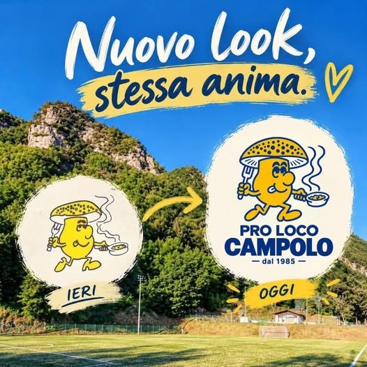 Confronto tra il vecchio logo (ieri) e il nuovo logo (oggi) della Pro Loco Campolo, sullo sfondo dei campi sportivi di Campolo